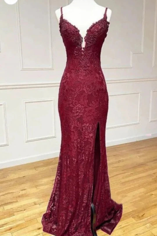 Classic Lace Appliques Strapless Mermaid Prom Dress with Slit（副本）