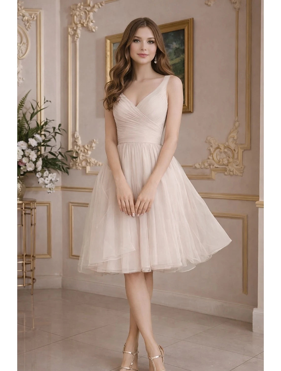 Classic A-Line V-Neck Ruched Flowy Tulle Blush Pink Knee-Length Homecoming Dress