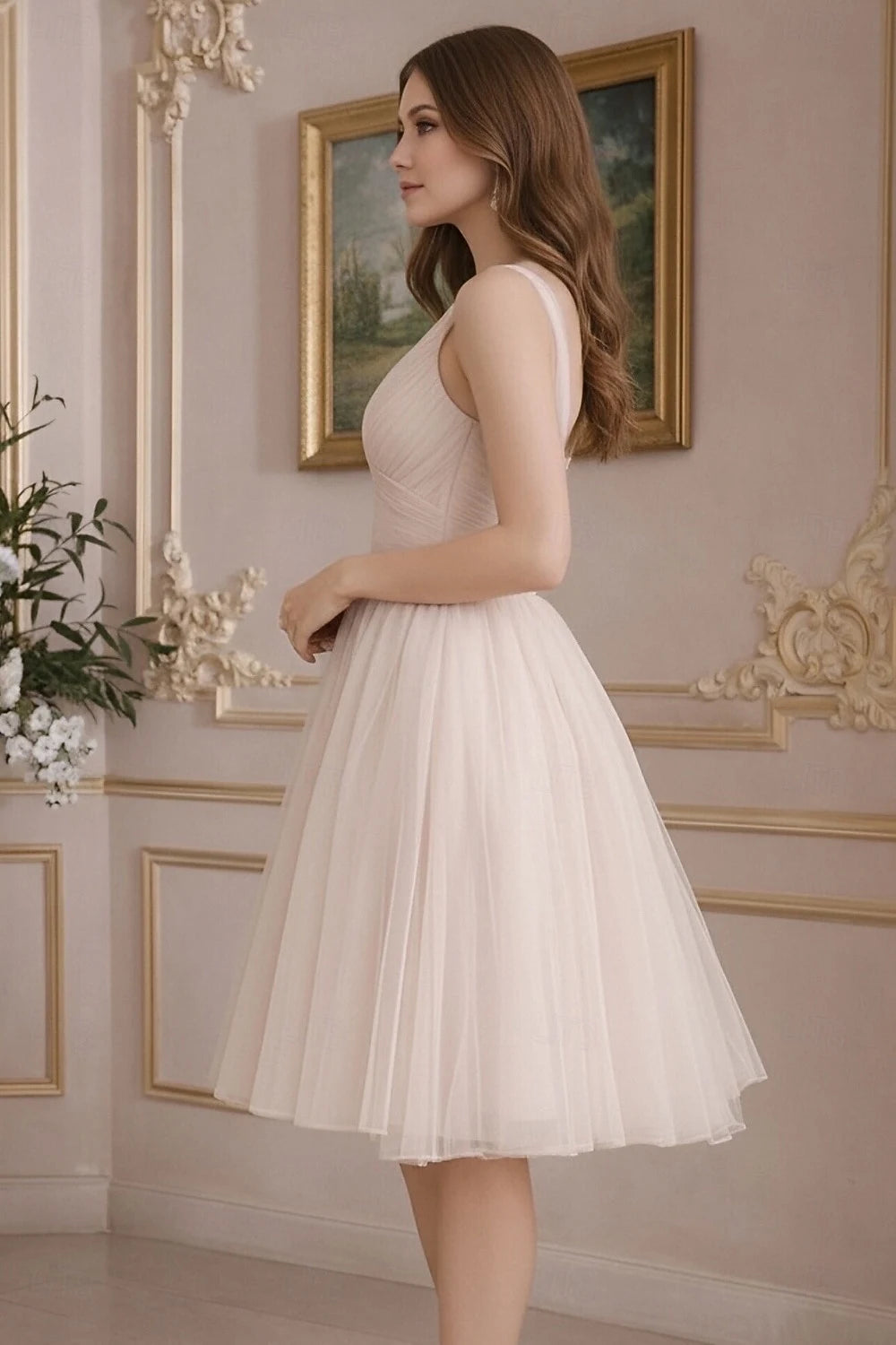 Classic A-Line V-Neck Ruched Flowy Tulle Blush Pink Knee-Length Homecoming Dress