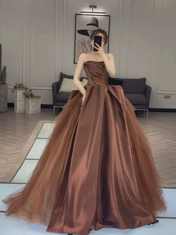 Classy Ball Gown Brown Tulle Strapless Sleeveless Ruffles Long Prom Dresses Discount Long Party Dresses