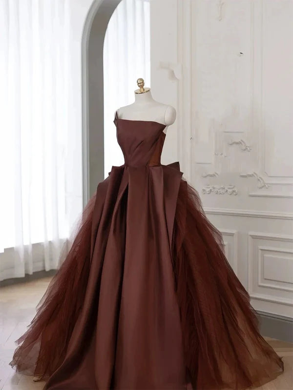 Classy Ball Gown Brown Tulle Strapless Sleeveless Ruffles Long Prom Dresses Discount Long Party Dresses