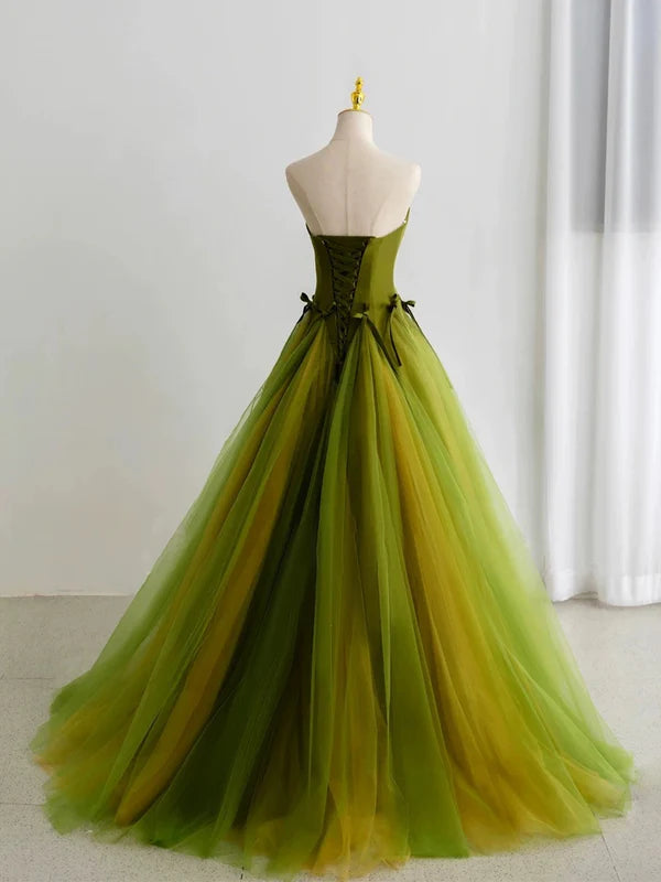 Classy Ball Gown Elegant Green Tulle Strapless Sleeveless Long Prom Dresses Discount Long Party Dresses