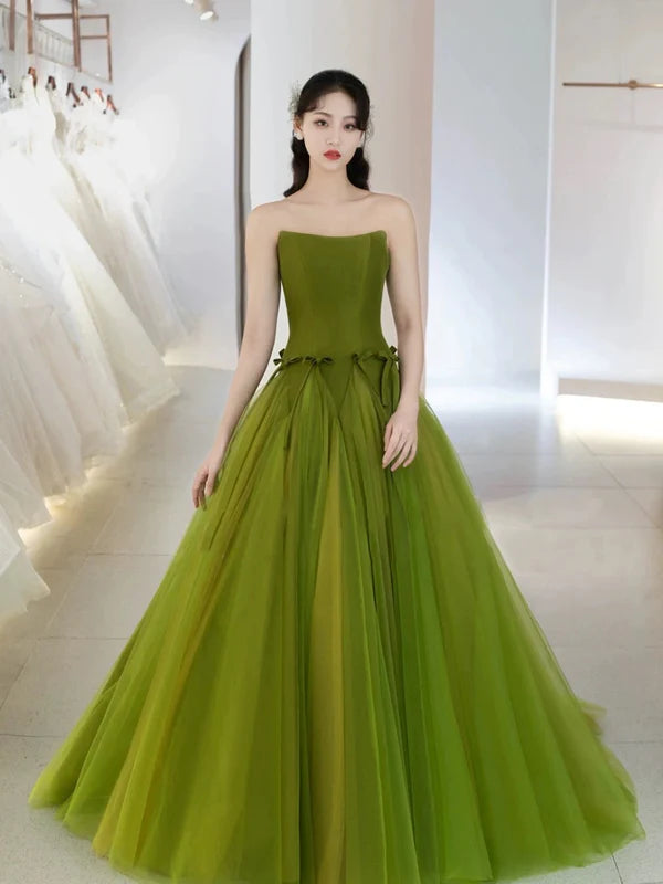 Classy Ball Gown Elegant Green Tulle Strapless Sleeveless Long Prom Dresses Discount Long Party Dresses