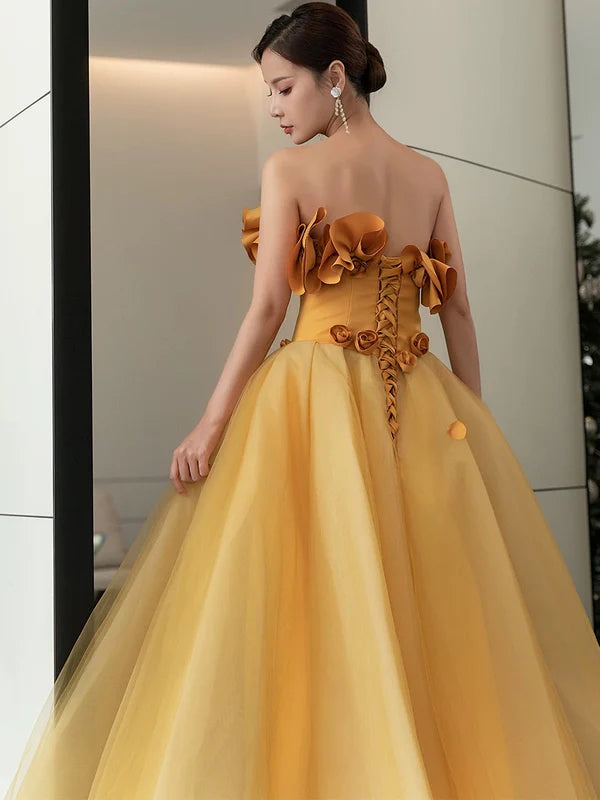 Classy Ball Gown Elegant Yellow Tulle Strapless Sleeveless 3D Flowers Long Prom Dresses Bargain Long Party Dresses