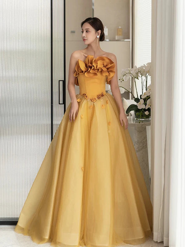 Classy Ball Gown Elegant Yellow Tulle Strapless Sleeveless 3D Flowers Long Prom Dresses Bargain Long Party Dresses