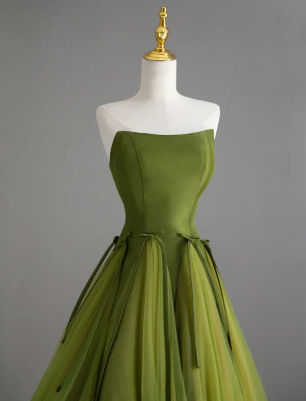 Classy Ball Gown Green Tulle Strapless Prom Dresses Birthday Dresses Hot Sale Party Dresses For Ladies