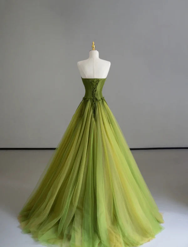 Classy Ball Gown Green Tulle Strapless Prom Dresses Birthday Dresses Hot Sale Party Dresses For Ladies