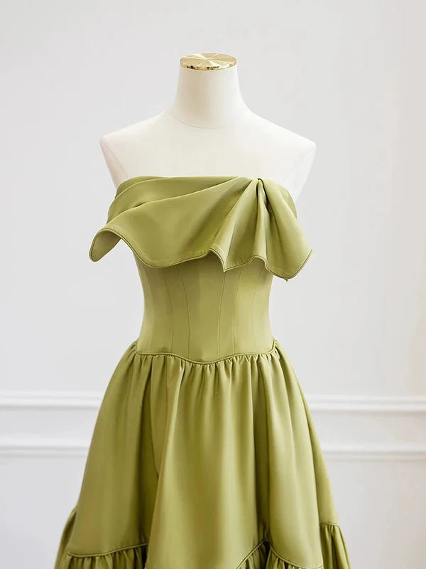 Classy Ball Gown Olive Green Satin Strapless Pleated Long Prom Dresses Budget Olive Green Party Dresses Evening Dress