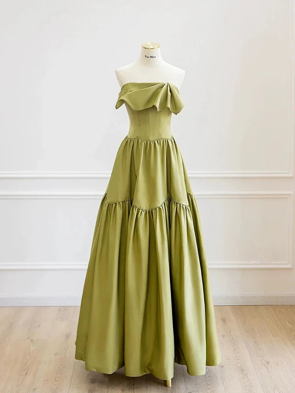 Classy Ball Gown Olive Green Satin Strapless Pleated Long Prom Dresses Budget Olive Green Party Dresses Evening Dress