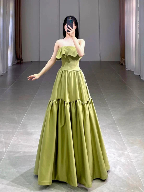 Classy Ball Gown Olive Green Satin Strapless Pleated Long Prom Dresses Budget Olive Green Party Dresses Evening Dress