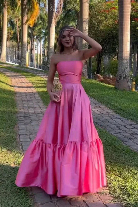 Classy Ball Gown Pink Satin Strapless Slit Floor Length Prom Dresses Evening Gowns Graduation Formal Dresses