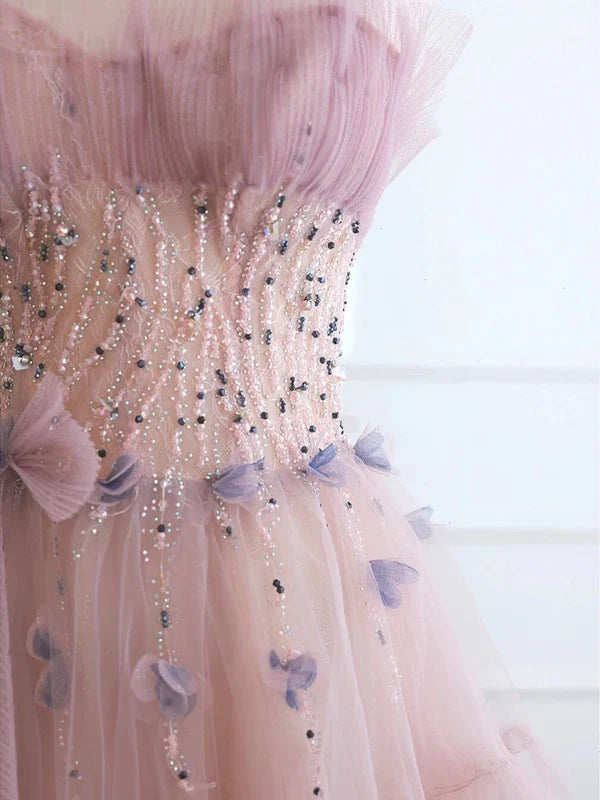 Classy Ball Gown Pink Tulle Beaded Sweetheart Strapless Long Prom Dresses Discount Long Party Dresses Evening Dress