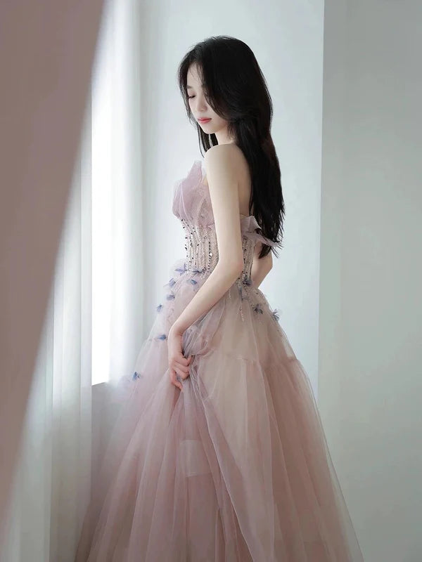 Classy Ball Gown Pink Tulle Beaded Sweetheart Strapless Long Prom Dresses Discount Long Party Dresses Evening Dress