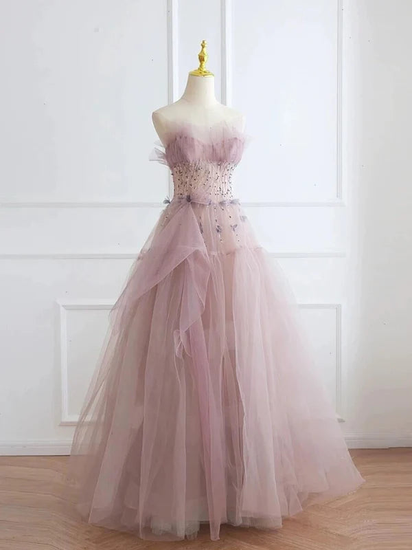 Classy Ball Gown Pink Tulle Beaded Sweetheart Strapless Long Prom Dresses Discount Long Party Dresses Evening Dress