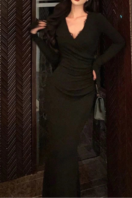 Classy Black Lace Mermaid V Neckline Long Sleeves Prom Dresses Evening Dresses Birthday Outfits