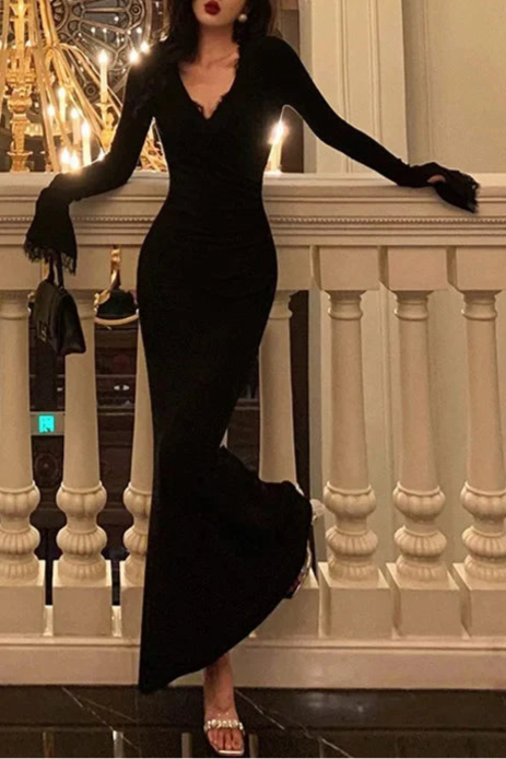 Classy Black Lace Mermaid V Neckline Long Sleeves Prom Dresses Evening Dresses Birthday Outfits