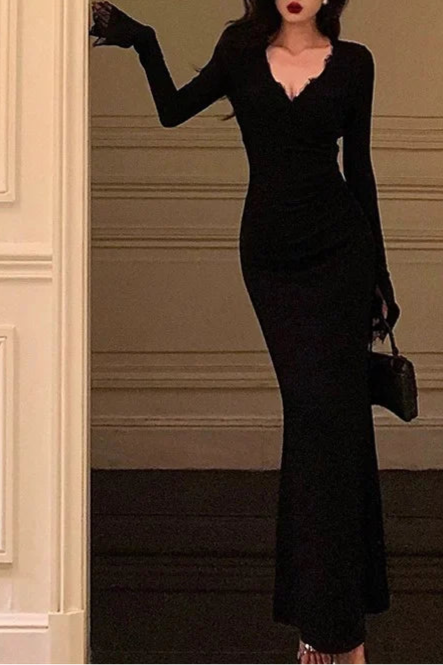 Classy Black Lace Mermaid V Neckline Long Sleeves Prom Dresses Evening Dresses Birthday Outfits