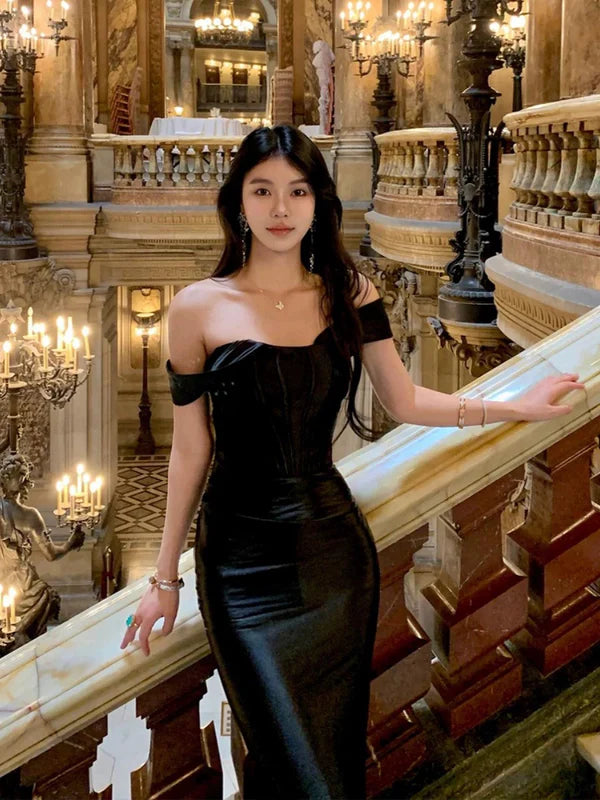 Classy Black Satin Bodycon Mermaid Off The Shoulder Long Prom Dresses Discount Long Party Dress