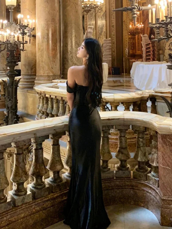 Classy Black Satin Bodycon Mermaid Off The Shoulder Long Prom Dresses Discount Long Party Dress