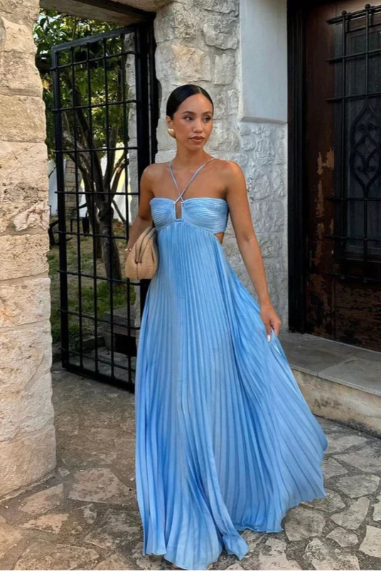 Classy Blue Chiffon Halter Sleeveless Hollow Pleated A-line Long Prom Dresses Casual Blue Party Dresses