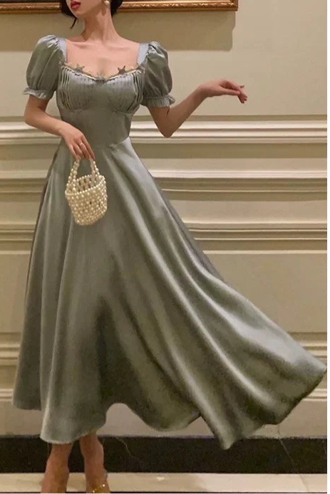 Classy Blue Satin A Line Sweetheart Short Sleeve Prom Dresses Birthday Outfits Evening Gown