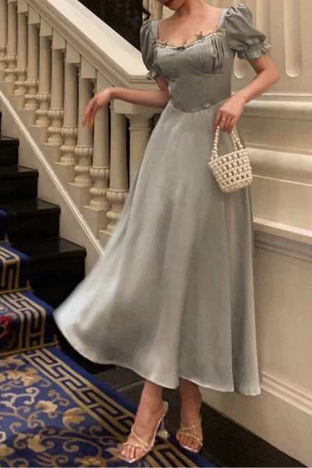 Classy Blue Satin A Line Sweetheart Short Sleeve Prom Dresses Birthday Outfits Evening Gown