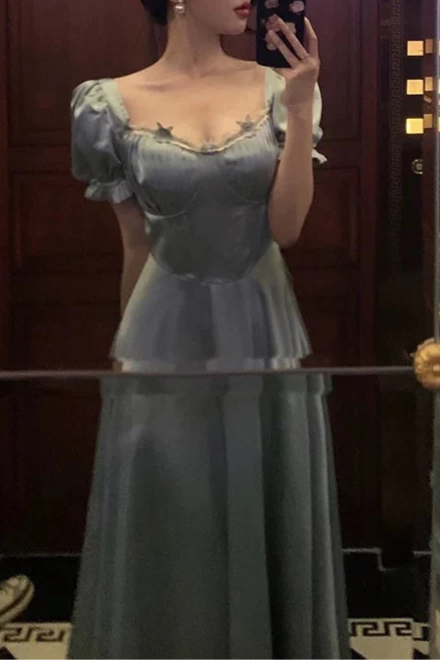 Classy Blue Satin A Line Sweetheart Short Sleeve Prom Dresses Birthday Outfits Evening Gown