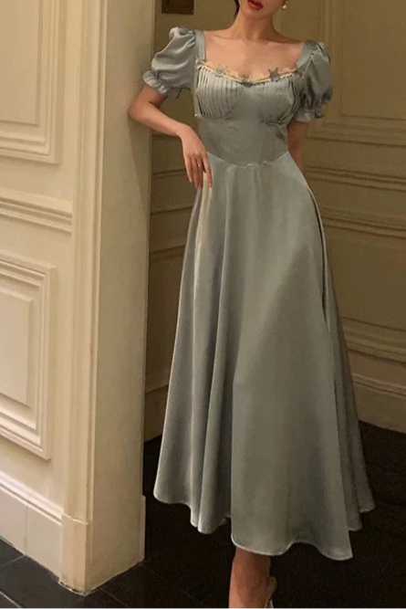 Classy Blue Satin A Line Sweetheart Short Sleeve Prom Dresses Birthday Outfits Evening Gown