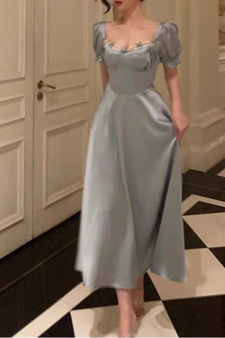 Classy Blue Satin A Line Sweetheart Short Sleeve Prom Dresses Birthday Outfits Evening Gown