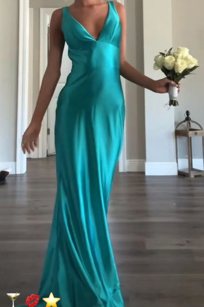 Classy Blue Satin A line V Neckline Sleeveless Open Back Floor Length Long Prom Dresses