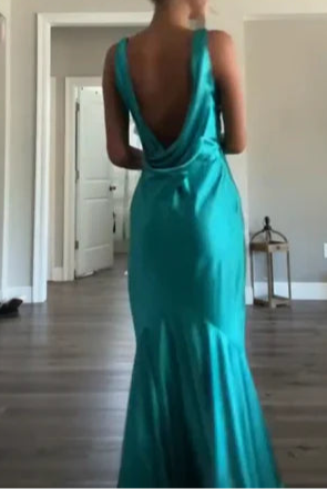 Classy Blue Satin A line V Neckline Sleeveless Open Back Floor Length Long Prom Dresses
