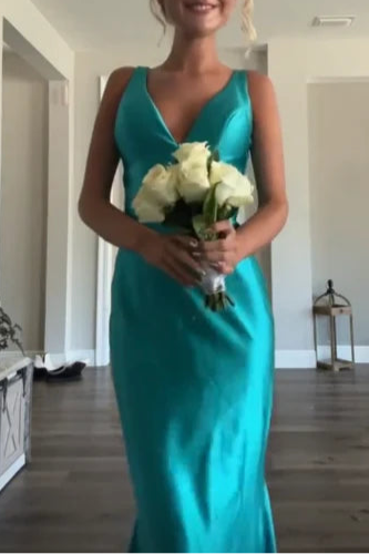 Classy Blue Satin A line V Neckline Sleeveless Open Back Floor Length Long Prom Dresses