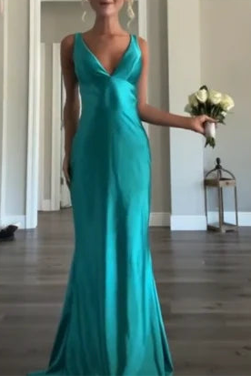 Classy Blue Satin A line V Neckline Sleeveless Open Back Floor Length Long Prom Dresses