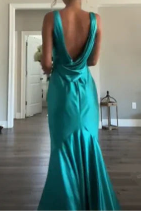 Classy Blue Satin A line V Neckline Sleeveless Open Back Floor Length Long Prom Dresses