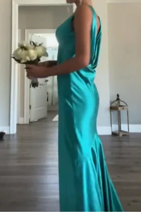 Classy Blue Satin A line V Neckline Sleeveless Open Back Floor Length Long Prom Dresses