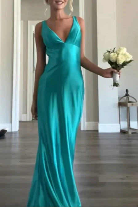 Classy Blue Satin A line V Neckline Sleeveless Open Back Floor Length Long Prom Dresses
