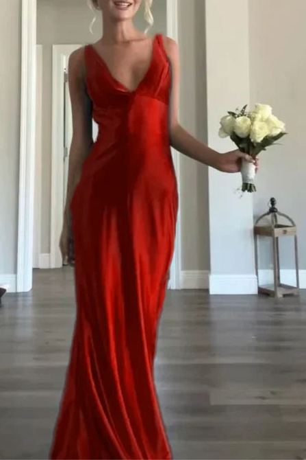 Classy Blue Satin A line V Neckline Sleeveless Open Back Floor Length Long Prom Dresses