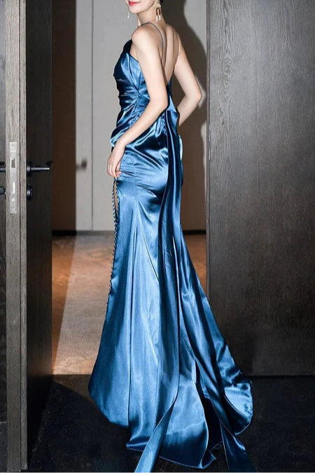Classy Blue Satin One Shoulder Buttons Mermaid Slit Long Prom Dresses Bargain Blue Evening Dress