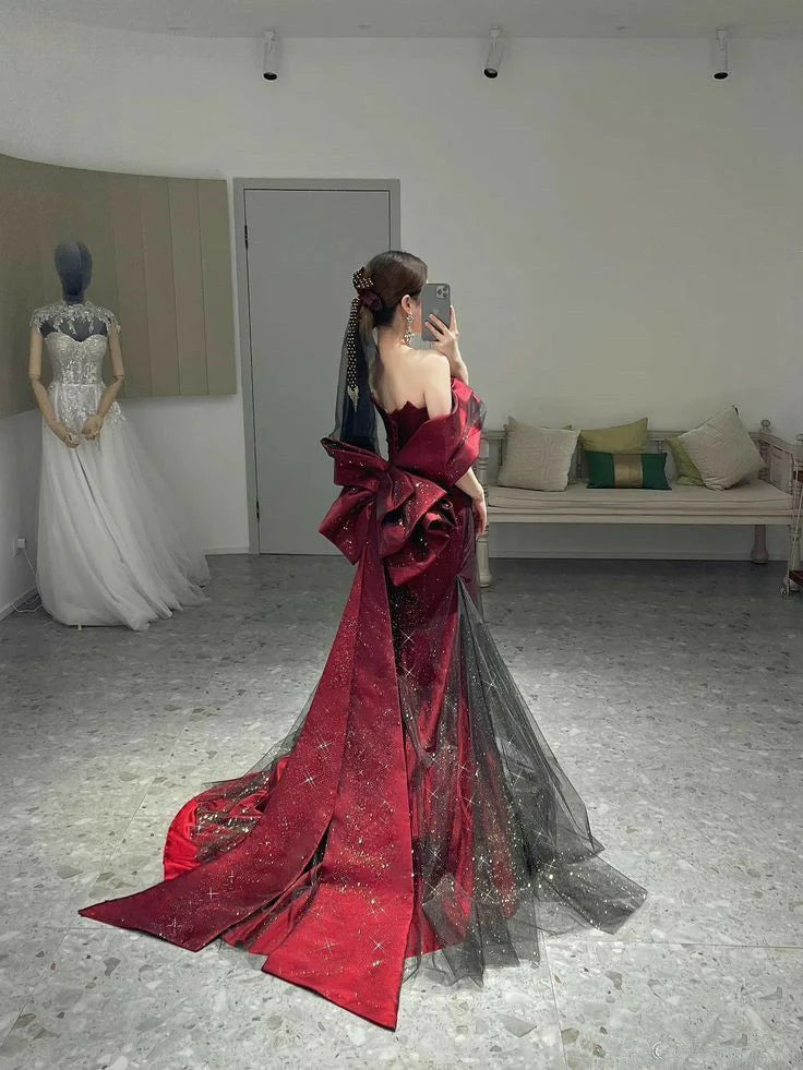 Classy Burgundy Tulle Sequins Short Sleeves Mermaid Strapless Long Party Dress Prom Dress