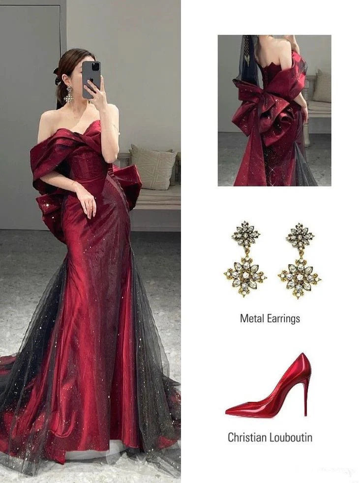 Classy Burgundy Tulle Sequins Short Sleeves Mermaid Strapless Long Party Dress Prom Dress
