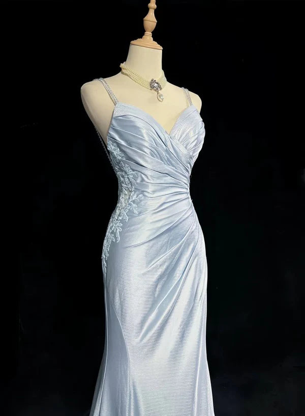 Classy Elegant Blue Satin Spaghetti Strap Prom Dress Pleated V Neck Sexy Backless Party Dress