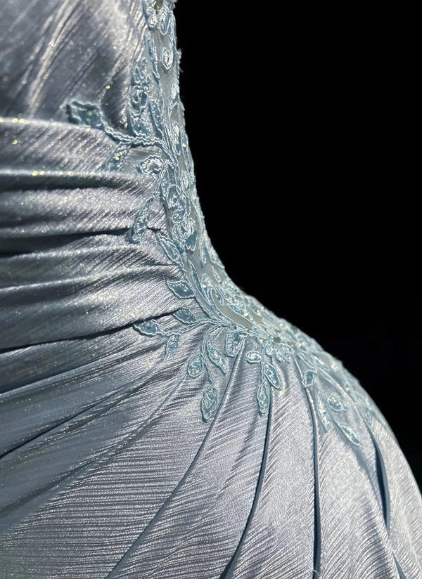 Classy Elegant Blue Satin Spaghetti Strap Prom Dress Pleated V Neck Sexy Backless Party Dress