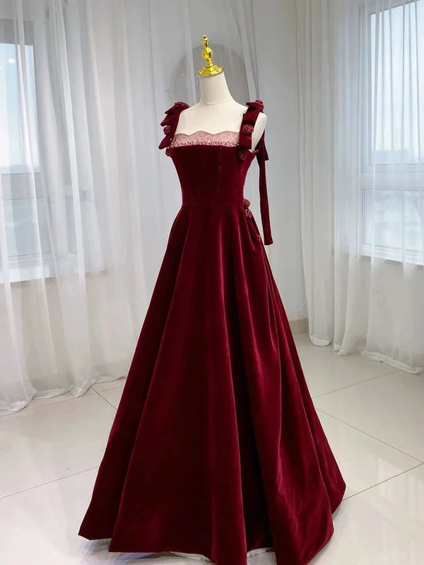 Classy Elegant Burgundy Velvet Straps Beading Sleeveless A line Long Prom Dresses Discount Long Party Dresses