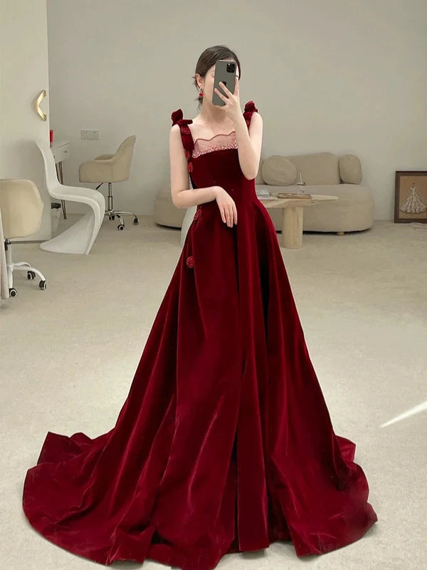 Classy Elegant Burgundy Velvet Straps Beading Sleeveless A line Long Prom Dresses Discount Long Party Dresses
