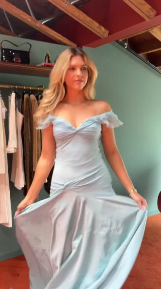 Classy Light Sky Blue V Neck Mermaid Off The Shoulder Floor Length Evening Dress Prom Dresses