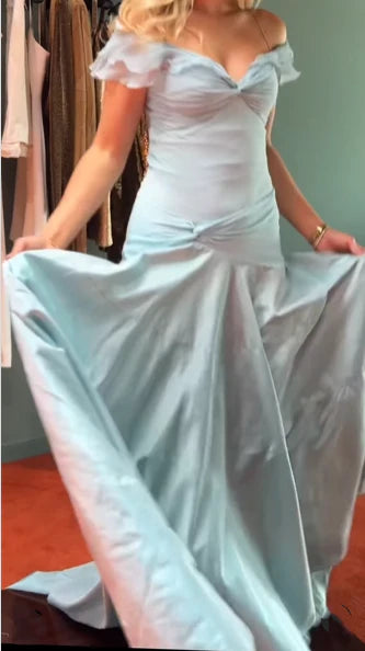 Classy Light Sky Blue V Neck Mermaid Off The Shoulder Floor Length Evening Dress Prom Dresses