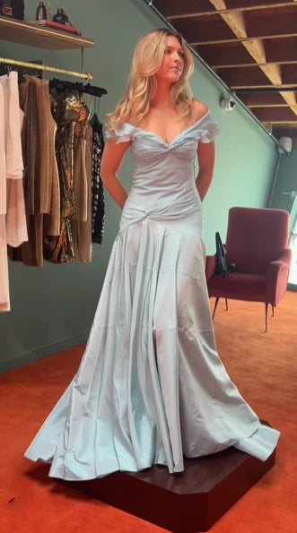 Classy Light Sky Blue V Neck Mermaid Off The Shoulder Floor Length Evening Dress Prom Dresses