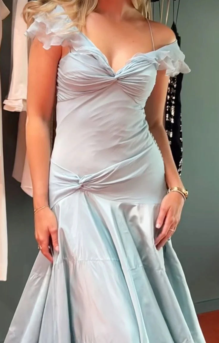Classy Light Sky Blue V Neck Mermaid Off The Shoulder Floor Length Evening Dress Prom Dresses