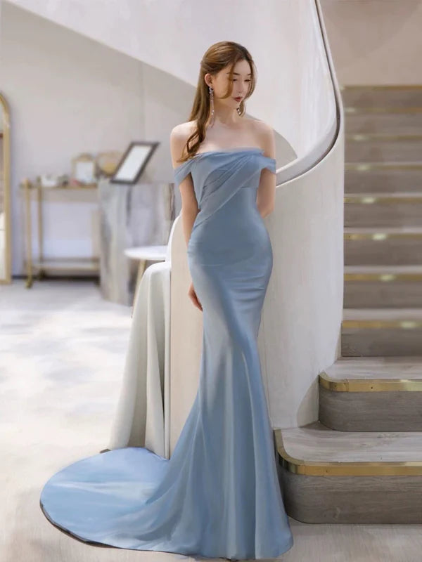 Classy Mermaid Blue Satin Off The Shoulder Short Sleeves Long Train Prom Dresses Simple Long Party Dresses For Ladies