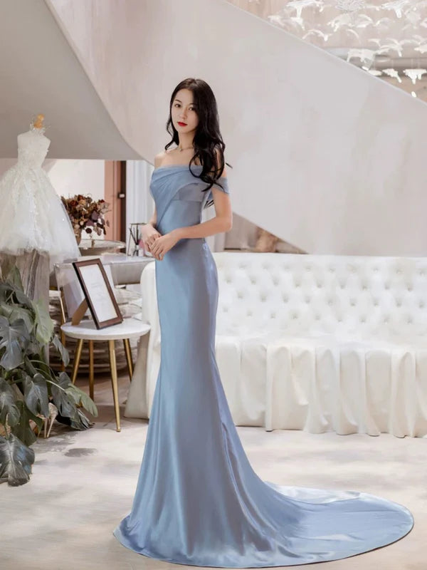 Classy Mermaid Blue Satin Off The Shoulder Short Sleeves Long Train Prom Dresses Simple Long Party Dresses For Ladies